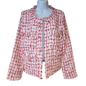 Euc Nanette Lepore, pink and white open front cardigan blazer, sz 12